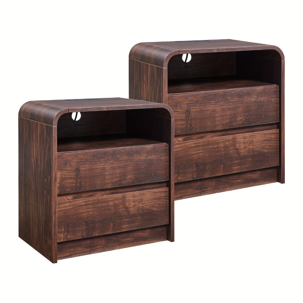 Nightstand 25-Inch Curved Wood Bedside Table with Charging Station, Two Drawers and Four Finishes