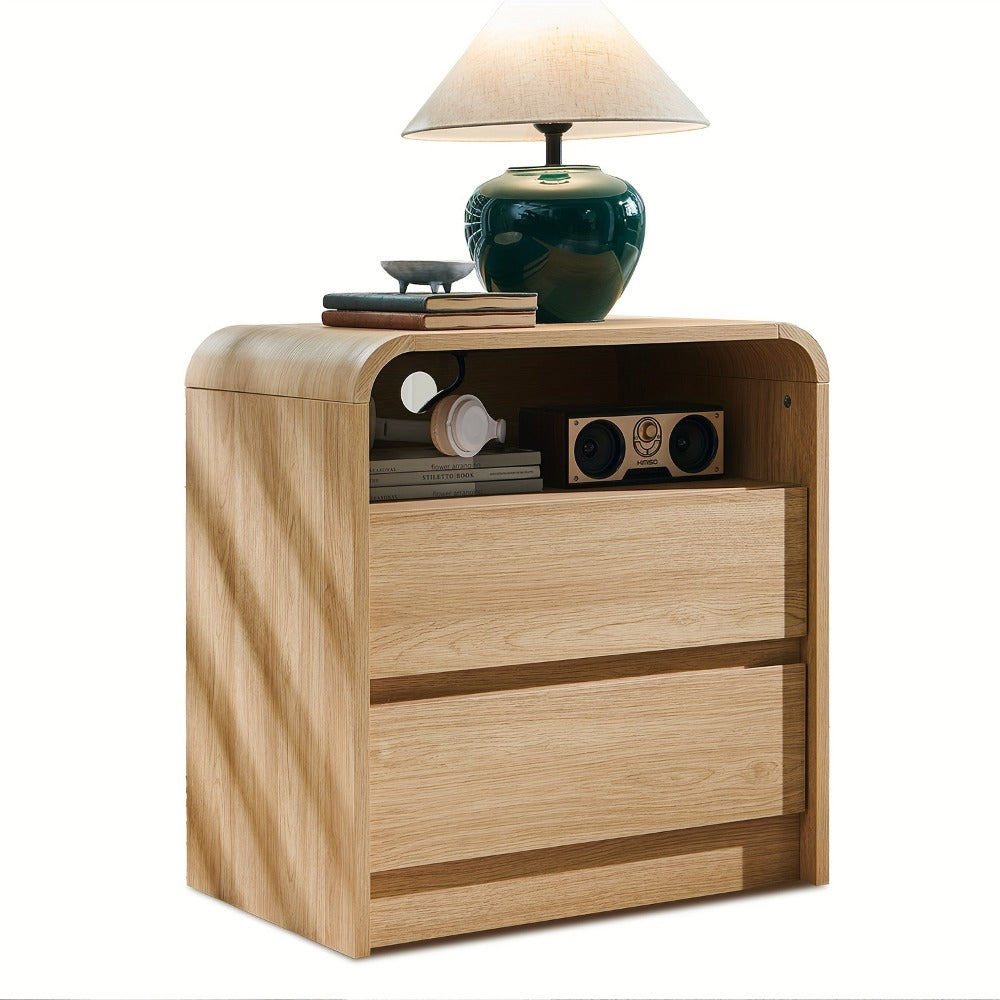 Nightstand 25-Inch Curved Wood Bedside Table with Charging Station, Two Drawers and Four Finishes