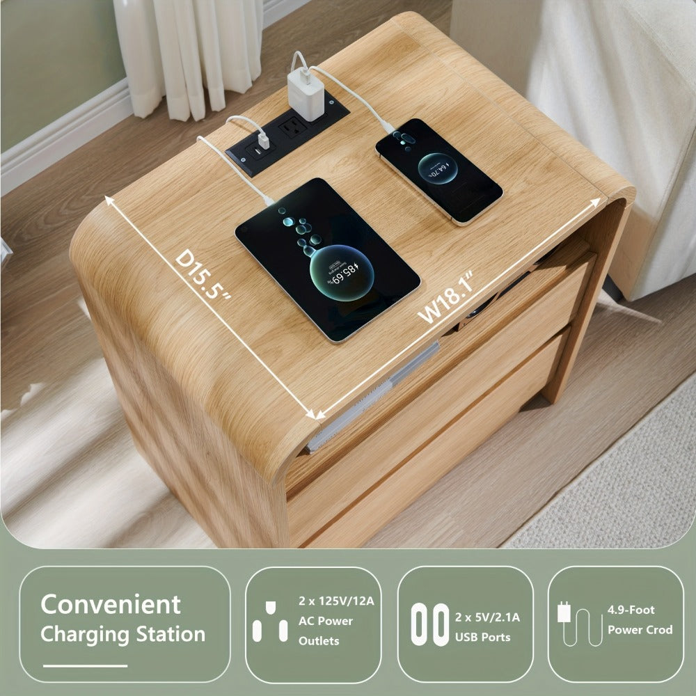 Nightstand 25-Inch Curved Wood Bedside Table with Charging Station, Two Drawers and Four Finishes