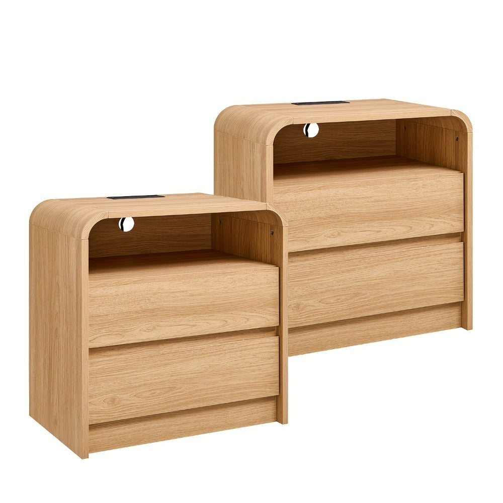 Nightstand 25-Inch Curved Wood Bedside Table with Charging Station, Two Drawers and Four Finishes