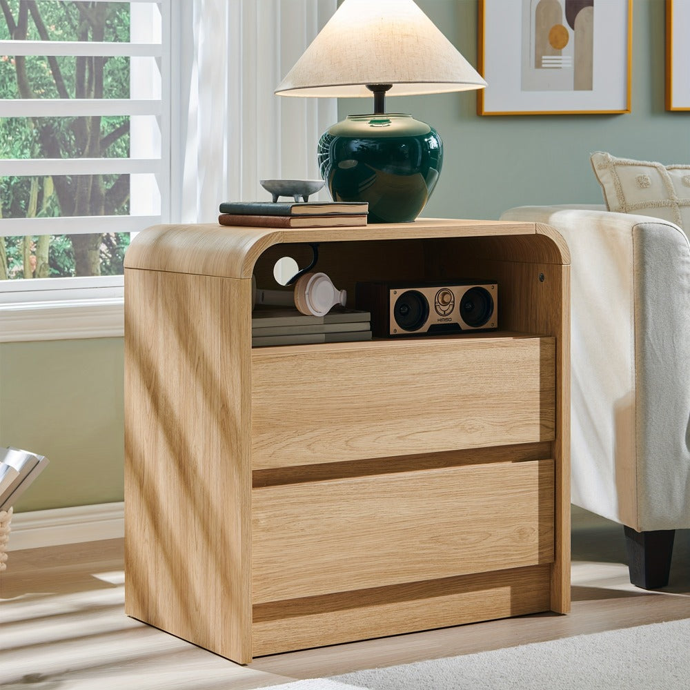Nightstand 25-Inch Curved Wood Bedside Table with Charging Station, Two Drawers and Four Finishes