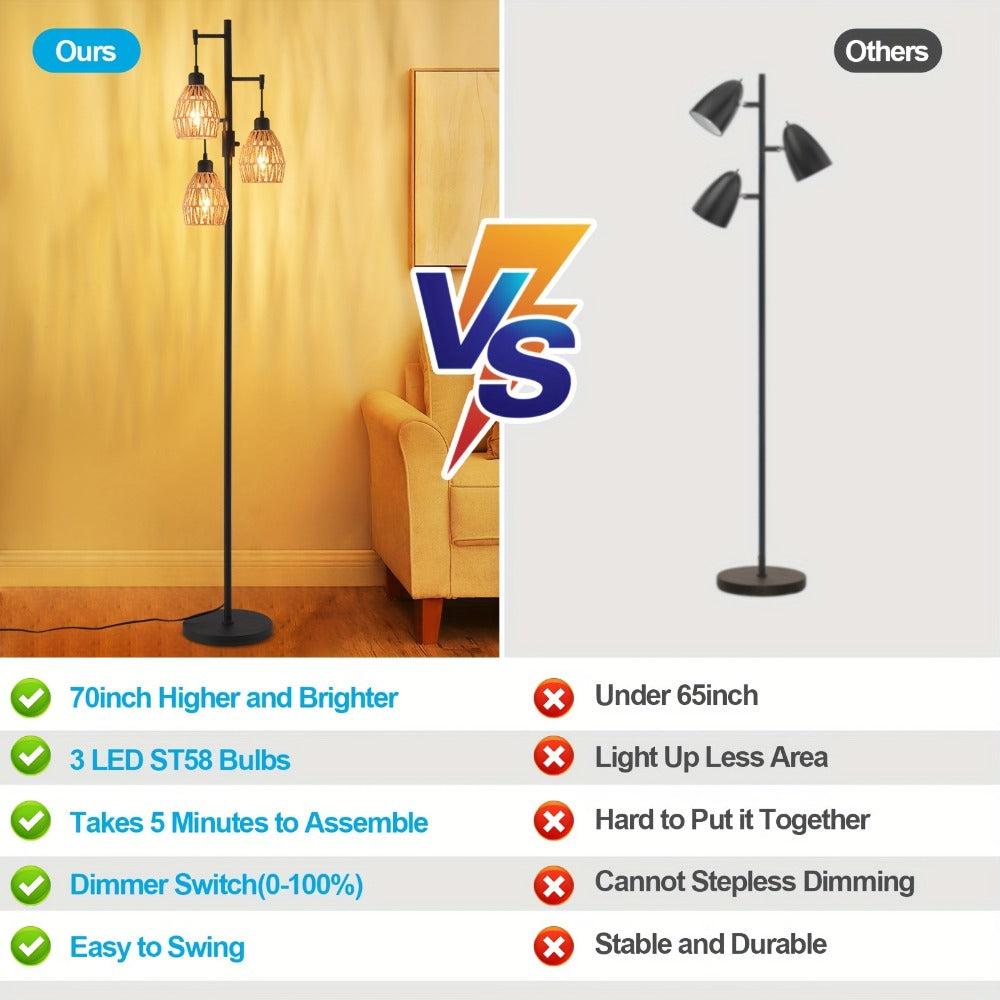 Boho Dimmable 3-Light Stepless Dimming Standing Lamp, Dining Room Warm Bohemian Home Lighting, Rattan Floor Lamp