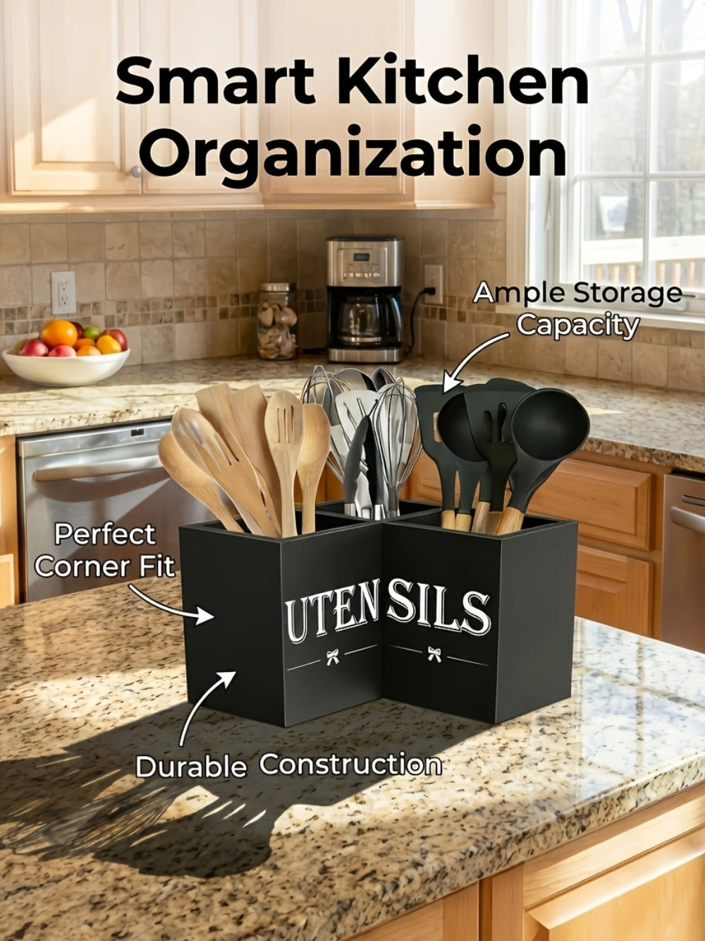 Utensil Caddy Kitchen Organizer 3-Compartment Solid Wood Countertop Holder in Black Farmhouse Style