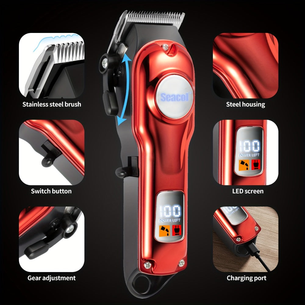 Hair Clipper Seacol Red Cordless Trimmer with LCD Display, USB Charging, Four Guide Combs and 120-Minute Runtime