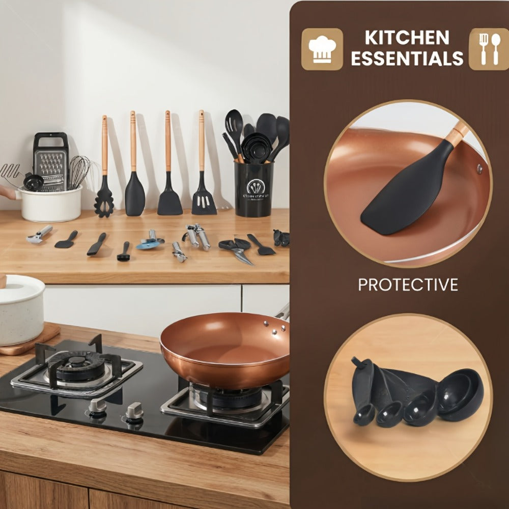 Silicone Kitchen Utensil Set 12PCS with Wooden Handle - Heat Resistant Non-Stick Safe for Home Cooking, Dining and Outdoor Meals