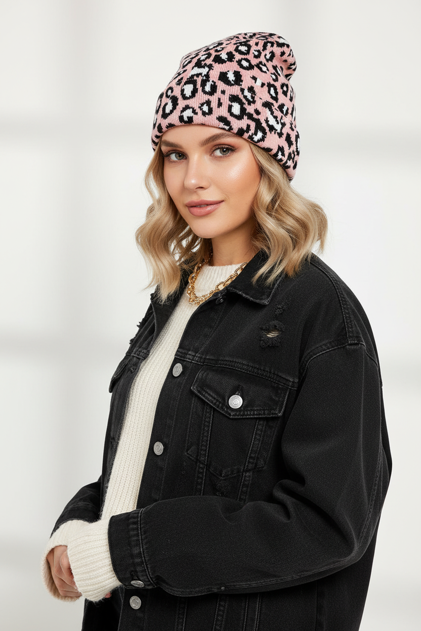 Tanner Damen-Strickmütze mit Leopardenmuster – Acryl, für alle Jahreszeiten