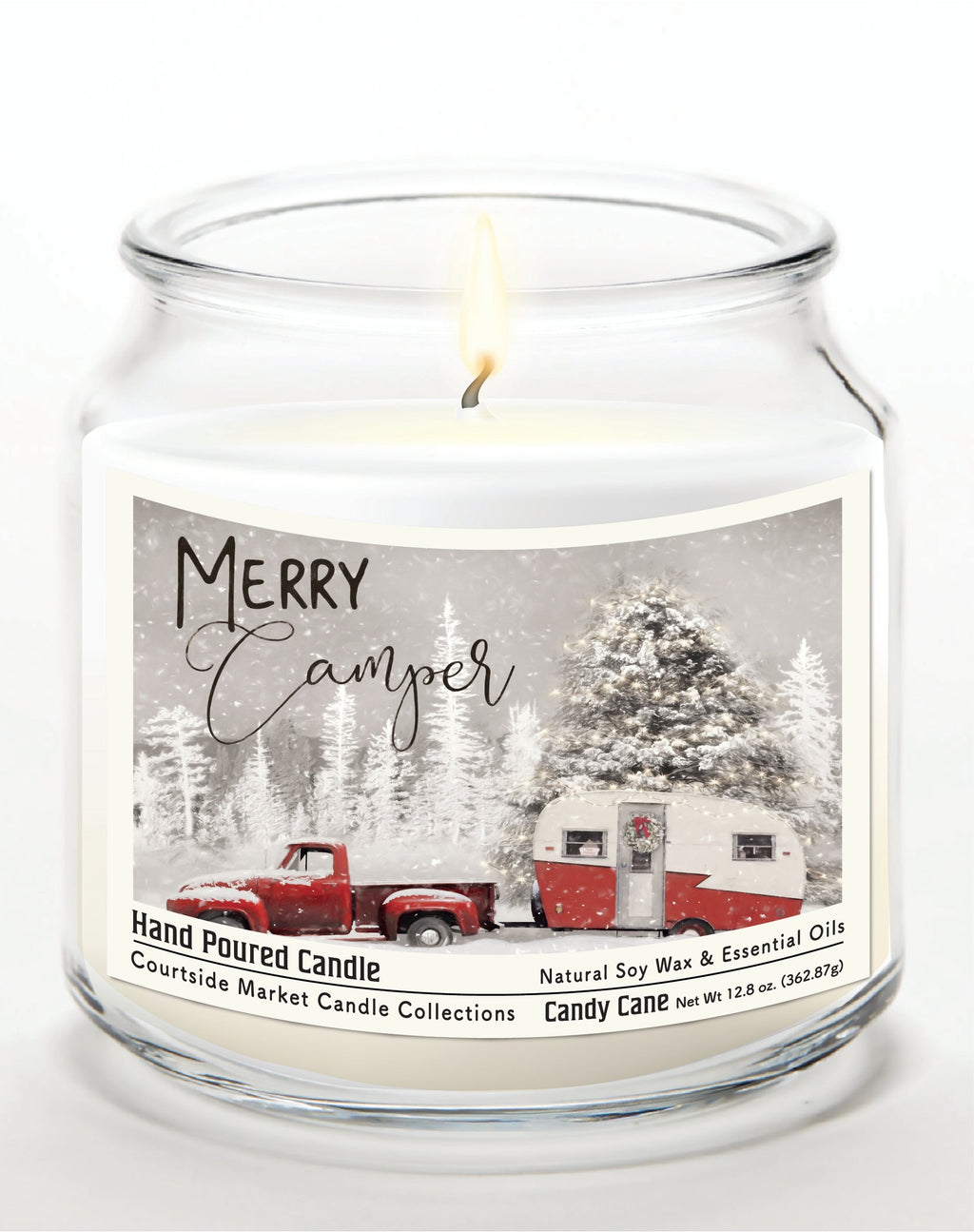 Merry Camper 12.8 Oz Candle Glass Jar with Brushed Silver Metal Lid