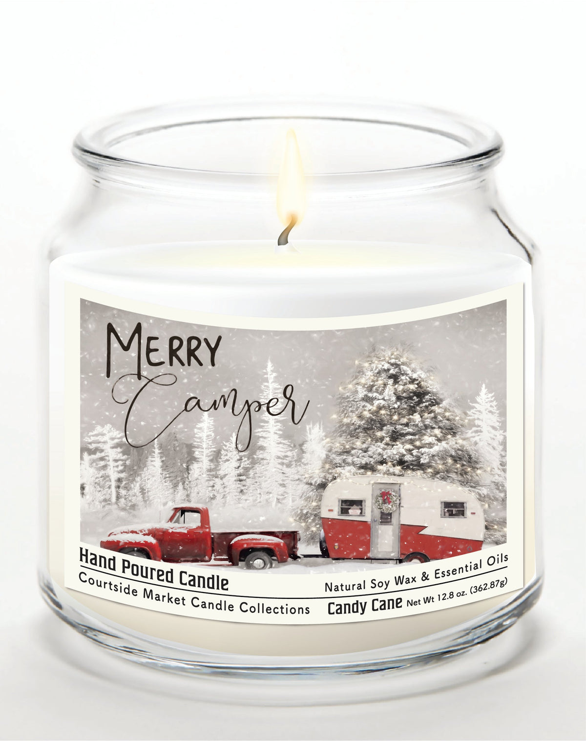 Merry Camper 12.8 Oz Candle Glass Jar with Brushed Silver Metal Lid