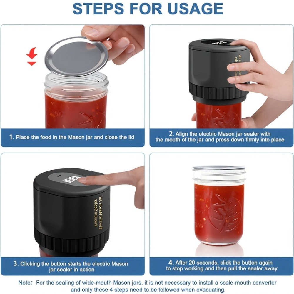 Vacuum Sealer Kit with Regular- and Wide-Mouth Adapters and Lid Accessories and Charging Cable