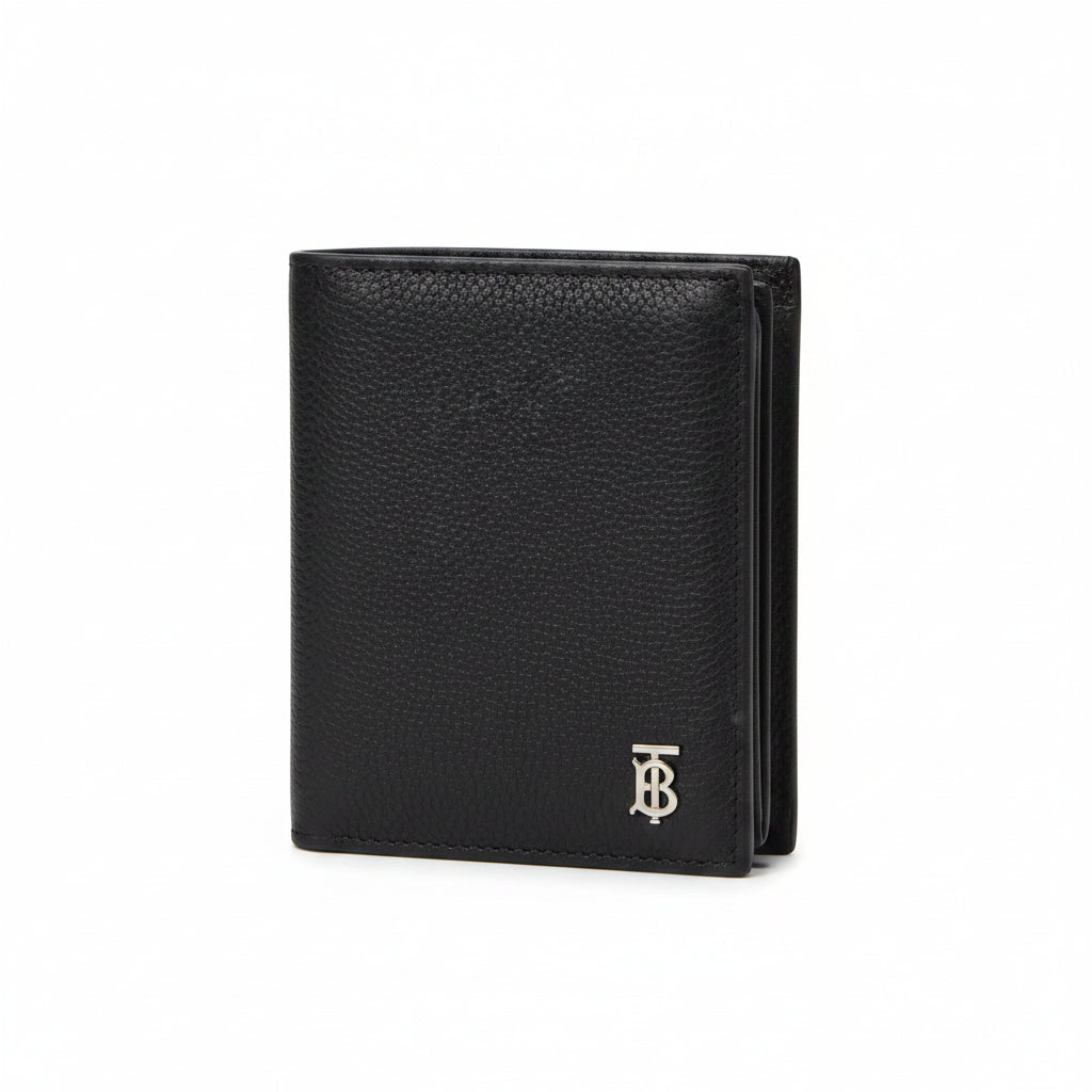 Men's Luxury Black Pebbled Leather Bifold Wallet with Silver Monogram Plaque