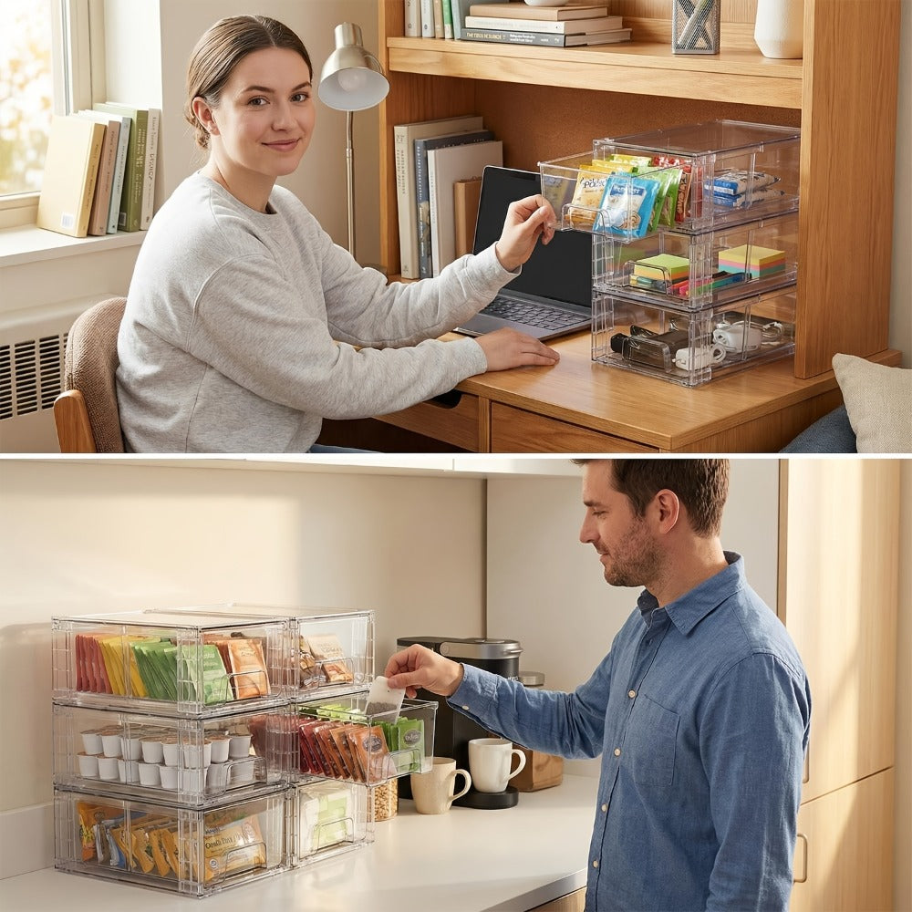 Clear Acrylic Storage Drawers with Handles - Stackable Refrigerator and Pantry Organizer Bins for Snacks Fruits and Vegetables