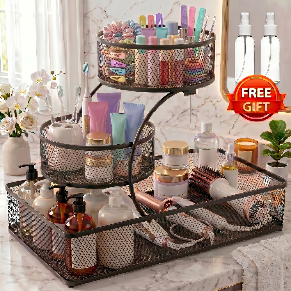 Bathroom Rack in a Metal Design with a Spray Bottle and the Hooks