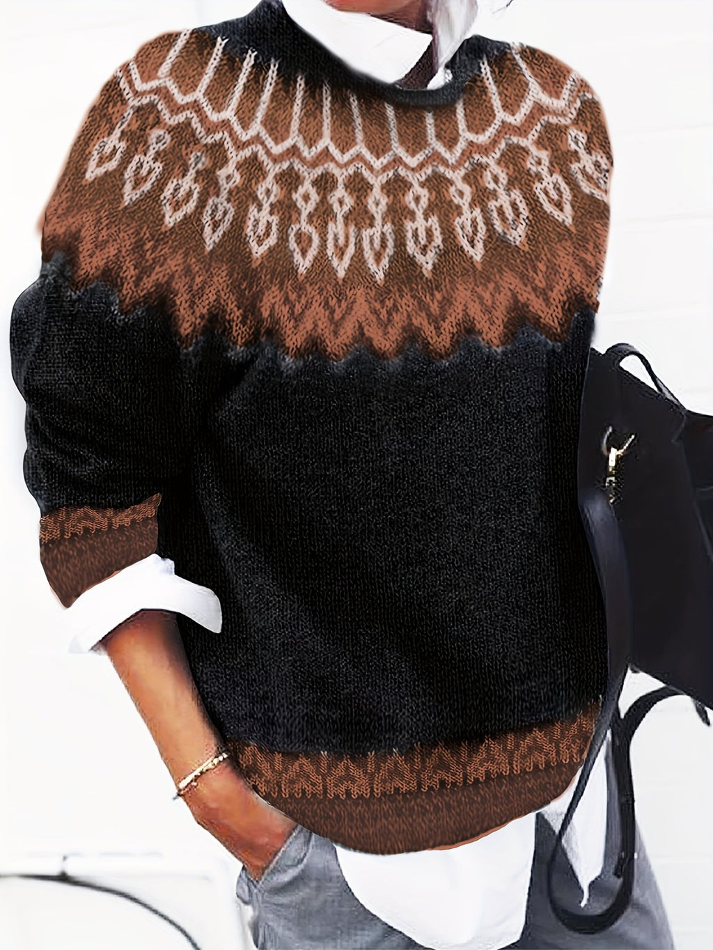 Sylvia | Grobstrick-Jacquardpullover mit Rundhalsausschnitt