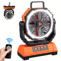 Portable Camping Fan with Dual Motors LED Light & Remote Control, Solar Powered Outdoor Fan with Hook for Tent Work Site Power Outage