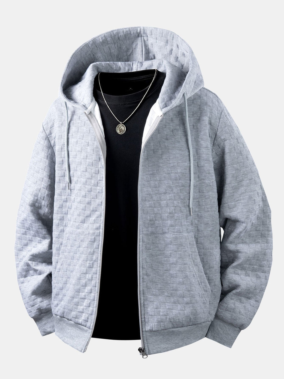 Relaxed Fit Checkerboard Jacquard Zip-Up Hooded Jacket