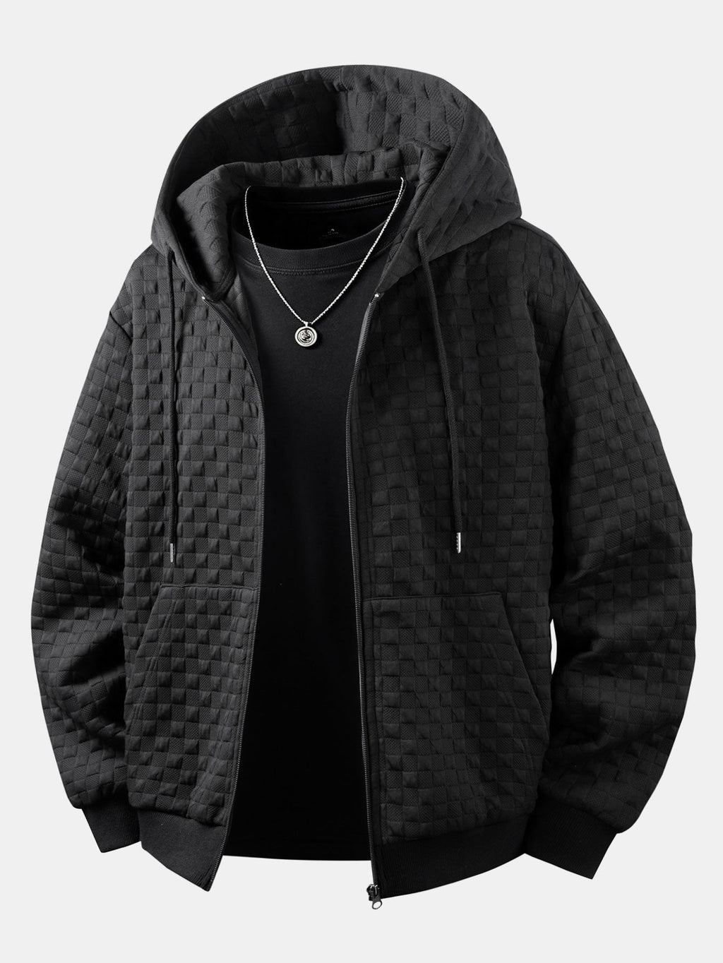Relaxed Fit Checkerboard Jacquard Zip-Up Hooded Jacket