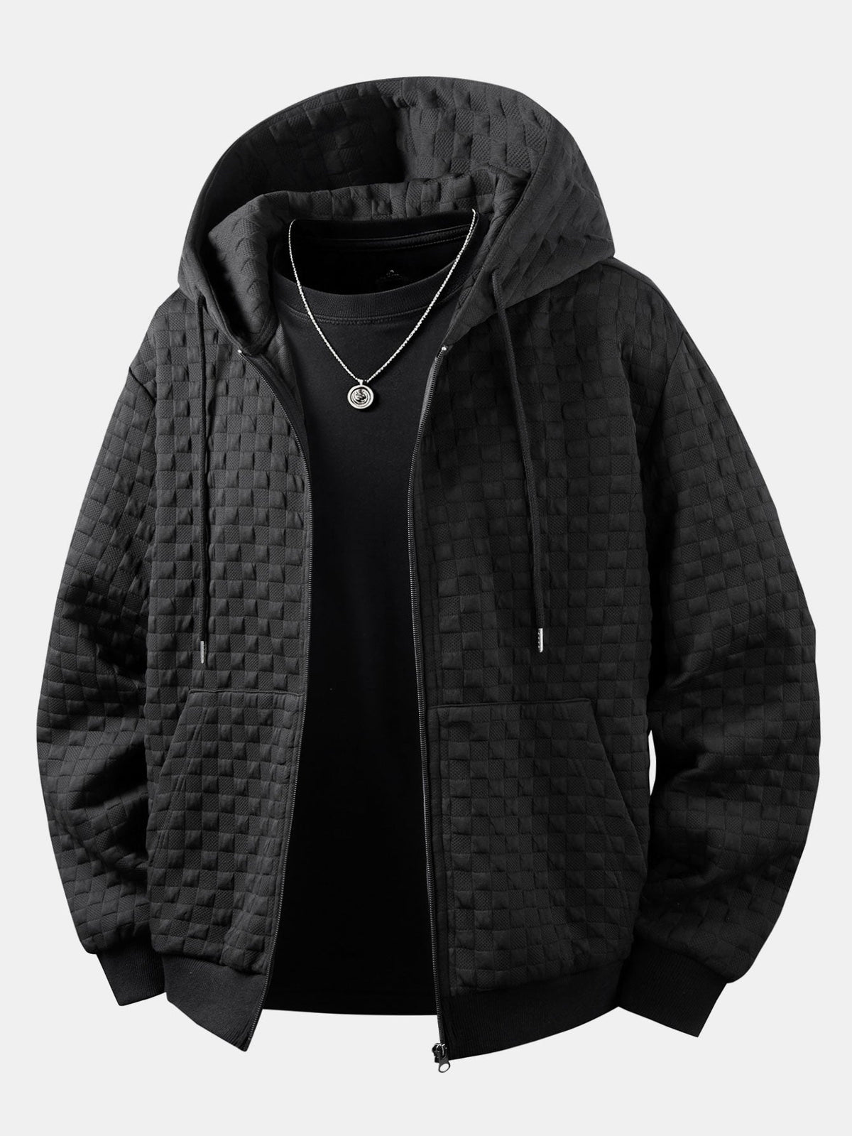 Relaxed Fit Checkerboard Jacquard Zip-Up Hooded Jacket