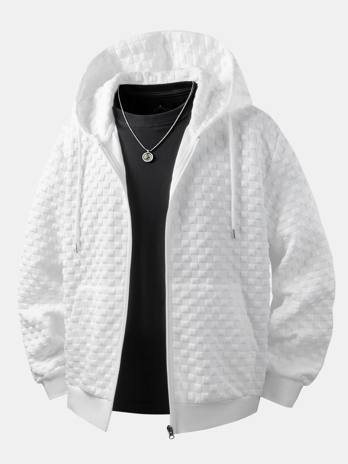 Relaxed Fit Checkerboard Jacquard Zip-Up Hooded Jacket