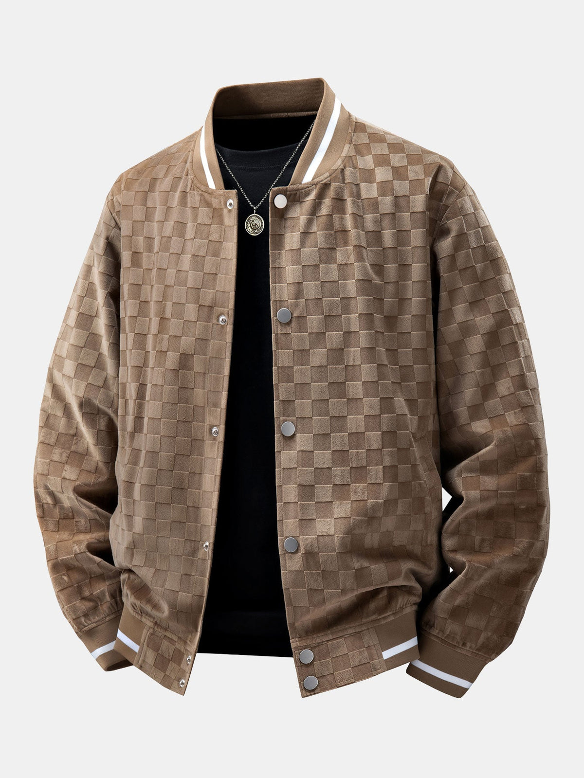 Checkerboard Faux Suede Baseball Jacket