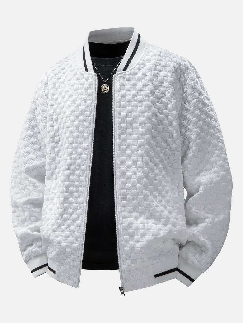 Checkerboard  Jacquard Zip-Up Bomber Jacket
