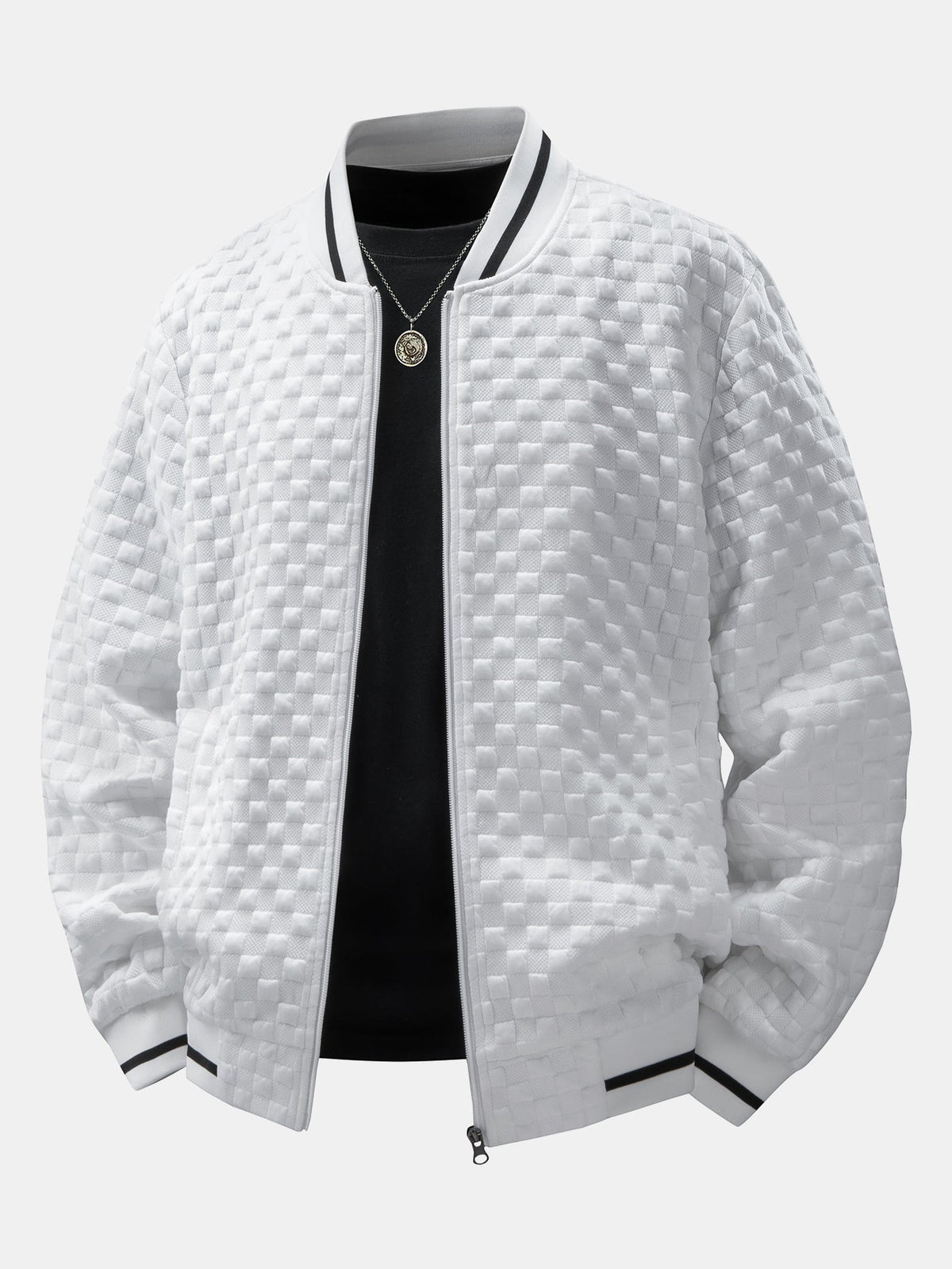 Checkerboard  Jacquard Zip-Up Bomber Jacket