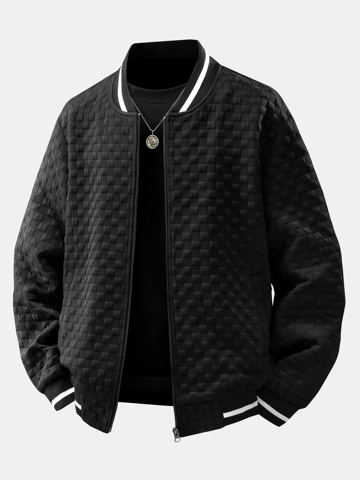 Checkerboard  Jacquard Zip-Up Bomber Jacket