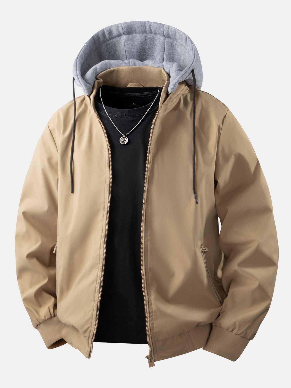 Detachable Hood Zip-Up Bomber Jacket