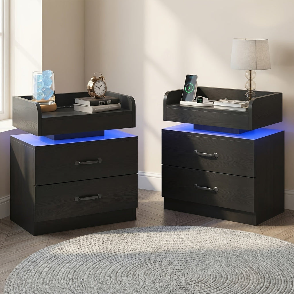 Bedside Table in Black or White in a Tray-Top Two-Drawer Charging Station Nightstand Design with LED Light