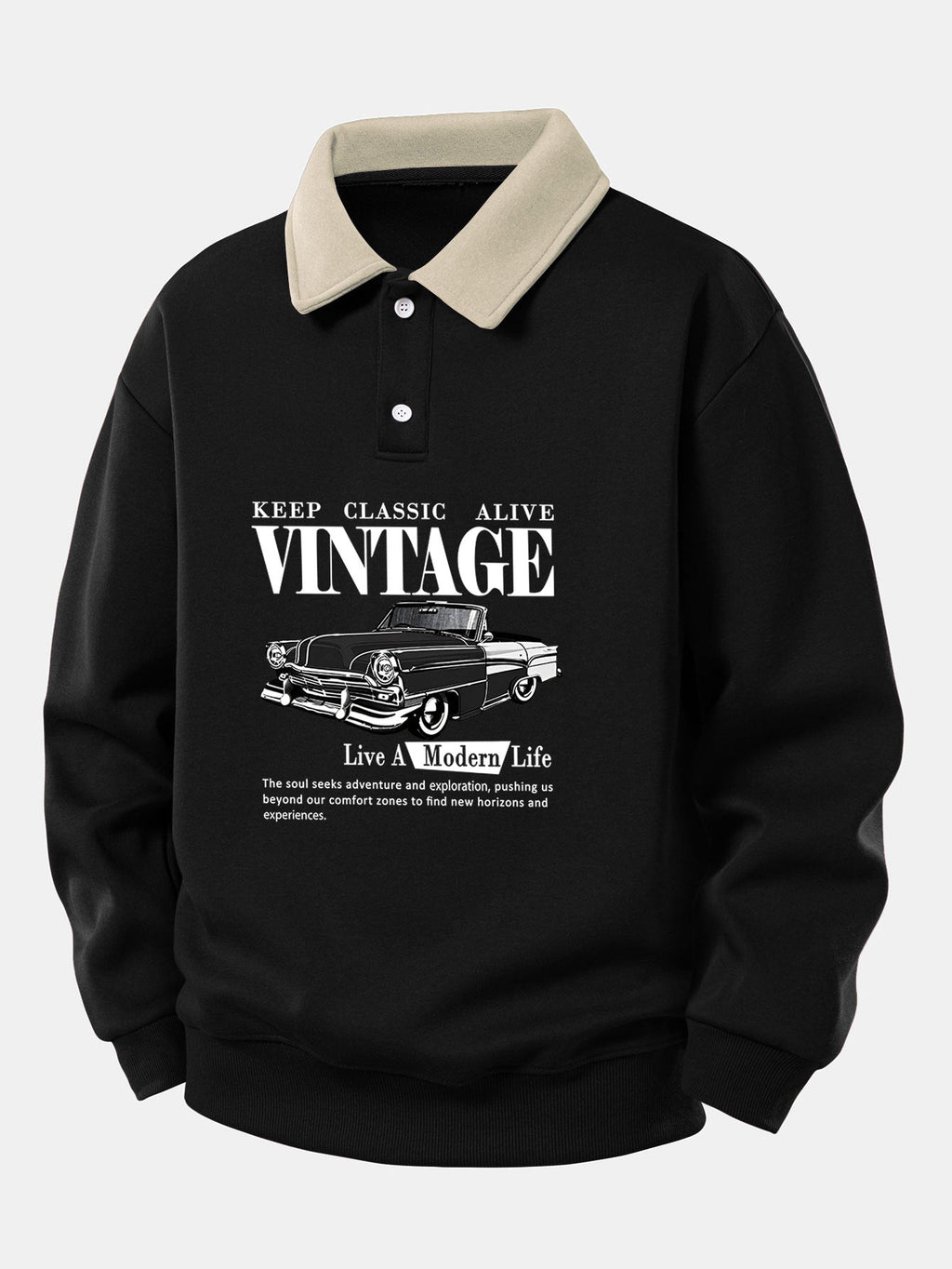 Relax Fit Vintage Car Print Contrast Polo Sweatshirt