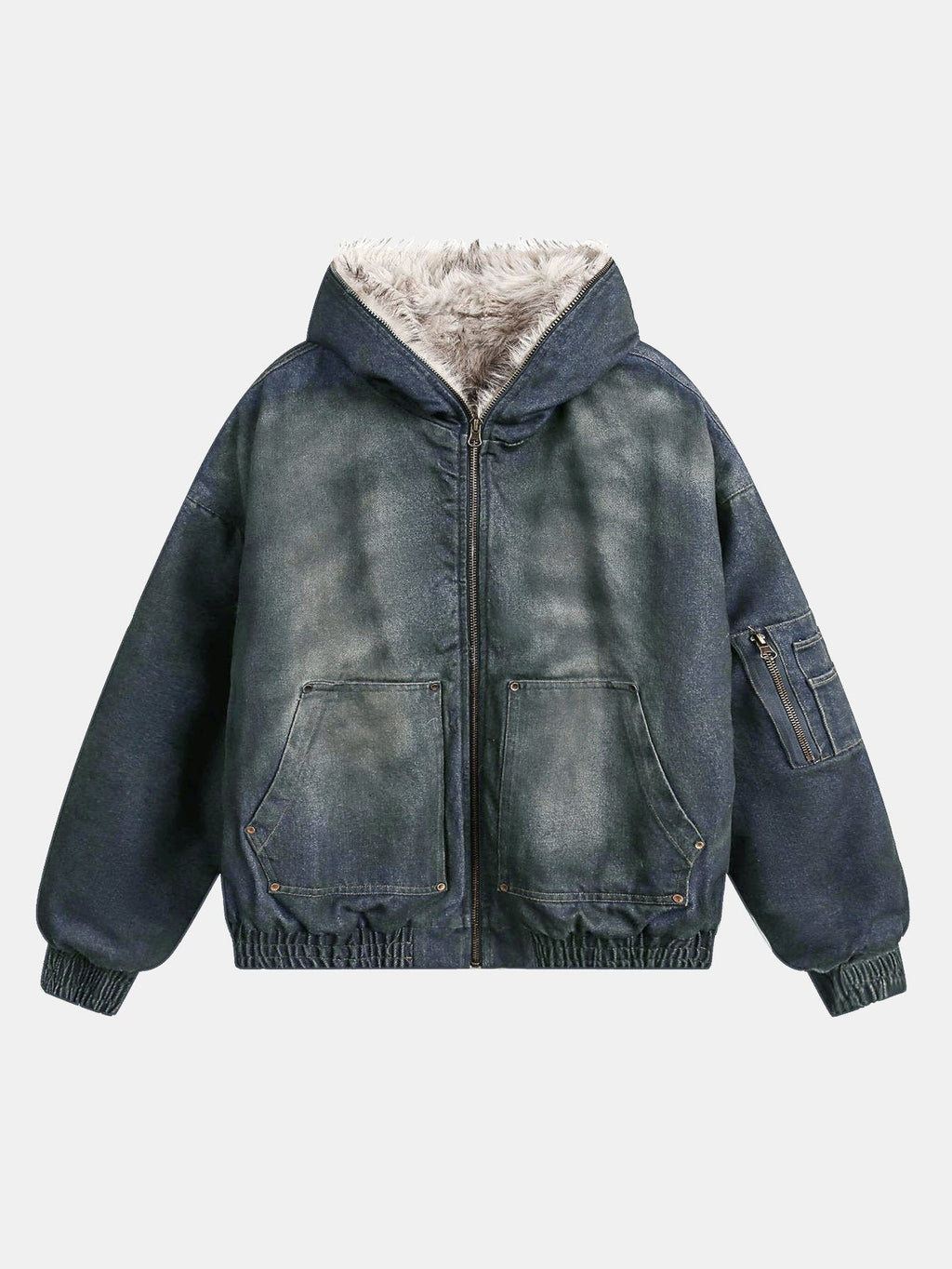 Boxy Faux Fur Collar Washed Denim Hooded Jacket
