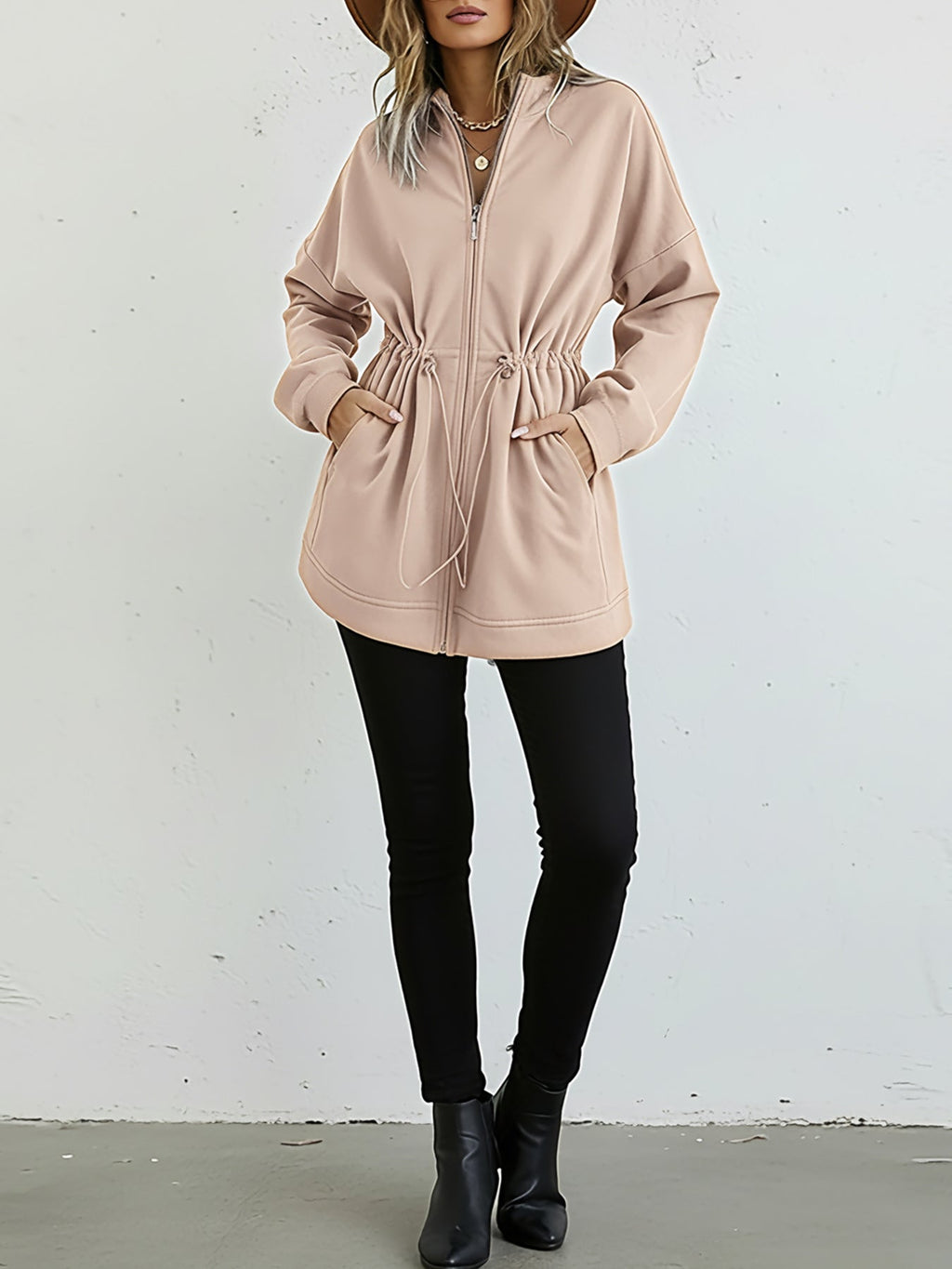 Long Sleeve Waist Drawstring Hooded Coat Casual Loose Fit Cardigan Jacket with Pockets