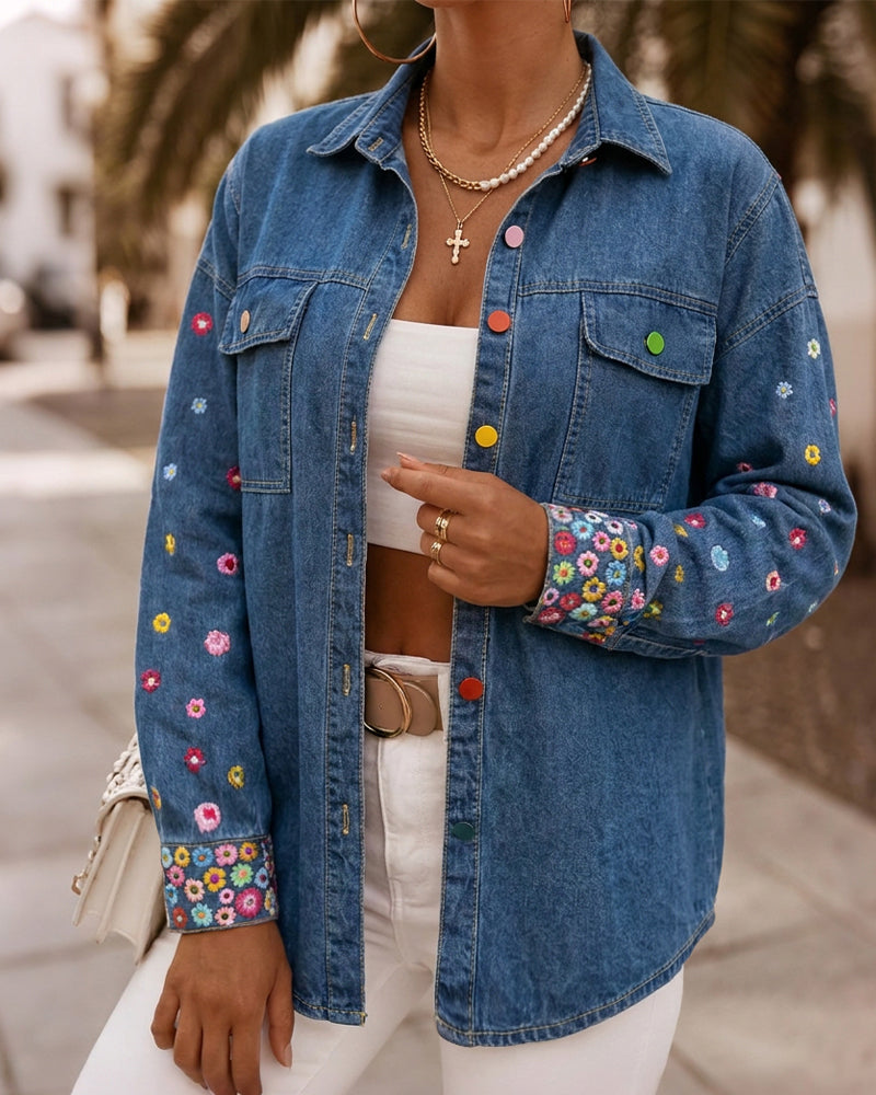 Women's Floral Embroidered Denim Jacket Colorful Button Down Jean Coat Casual Washed Shacket