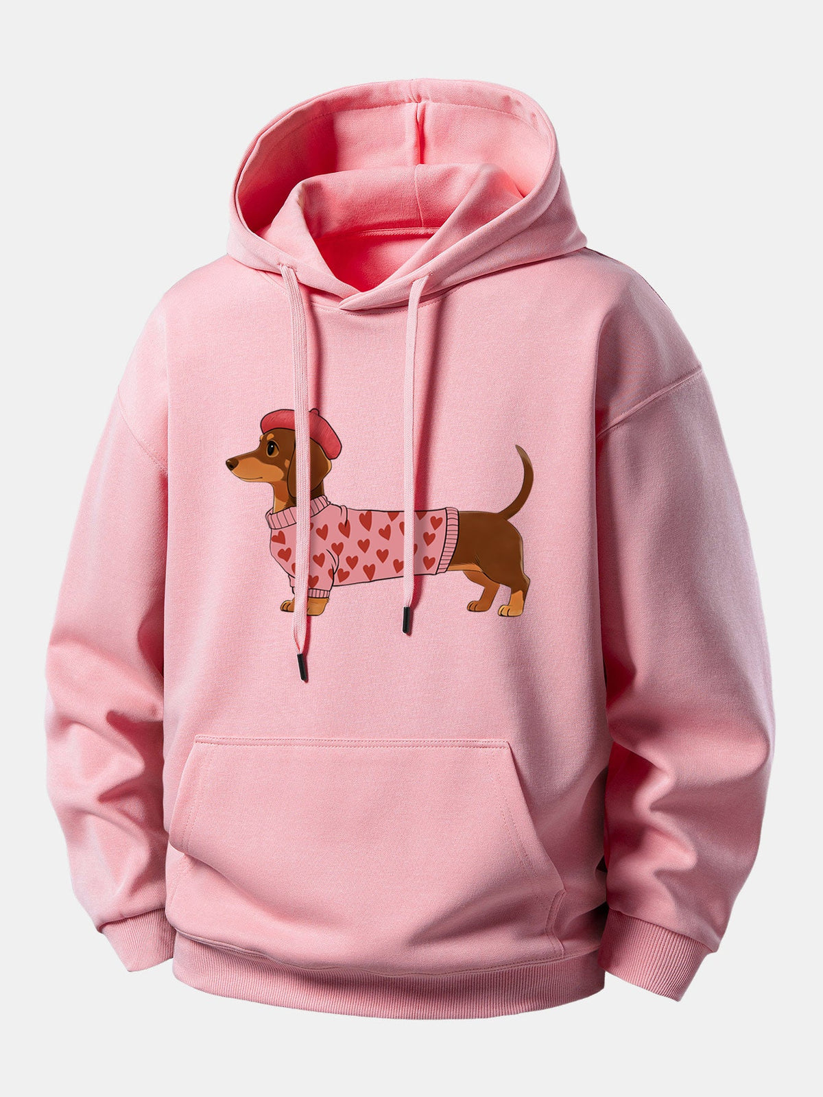 Dachshund Wearing Heart Sweater Print Relax Fit Hoodie