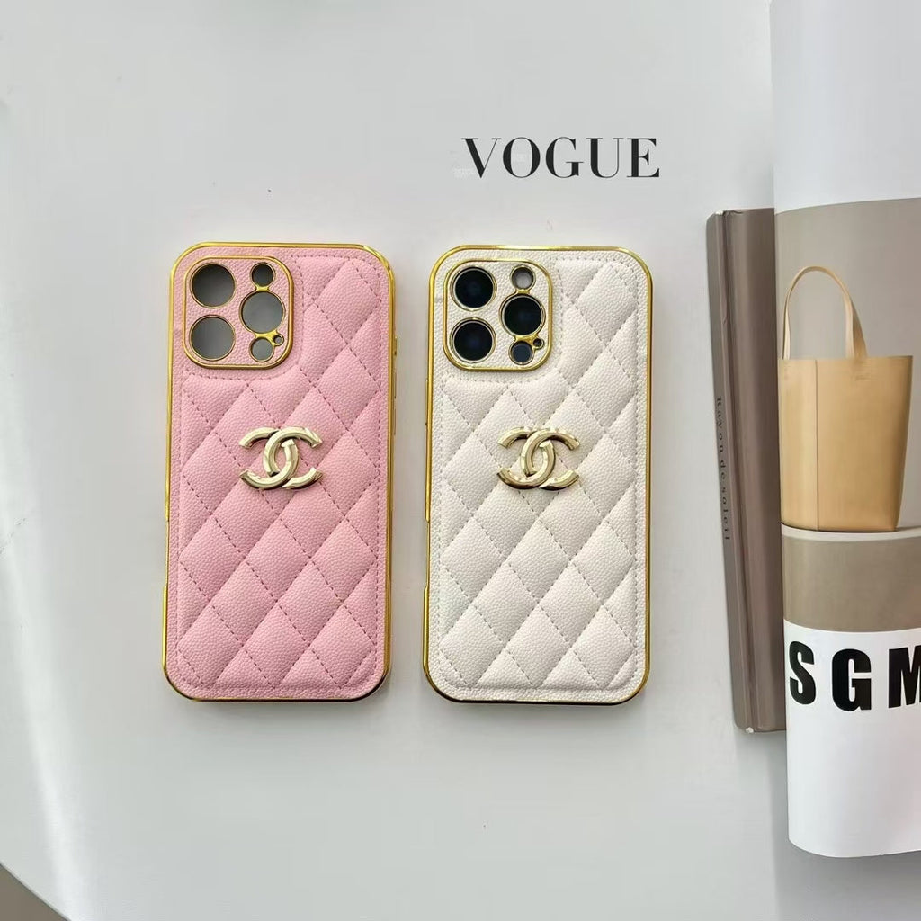 Luxury Chanel Cream Case with Gold Edge Frame for iPhone 12-18 Pro & Pro Max