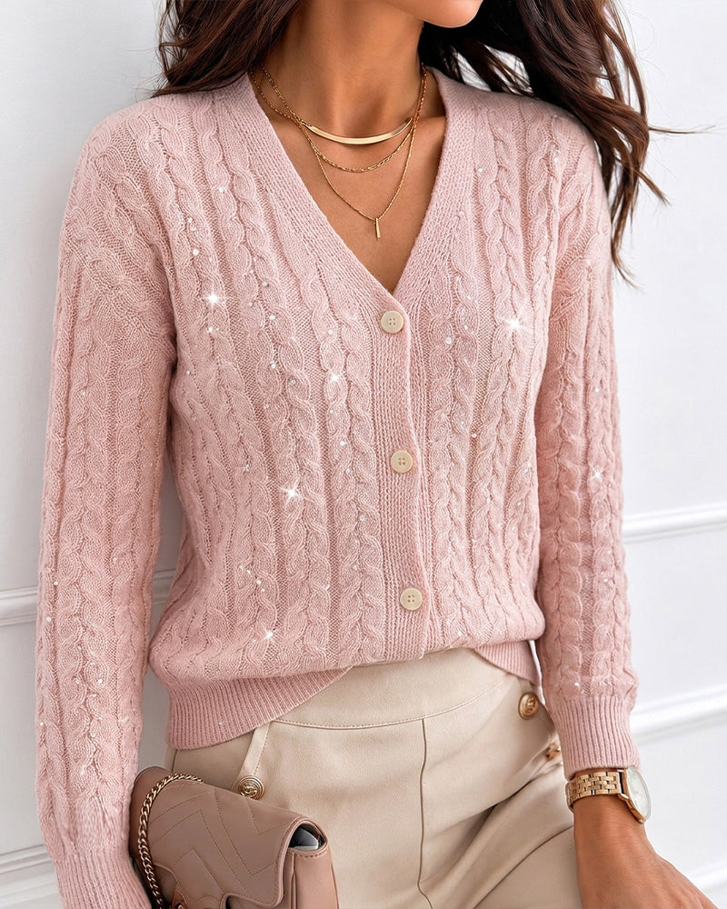 Women's Sequin Cable Knit Cardigan V Neck Button Down Slim Fit Long Sleeve Sweater