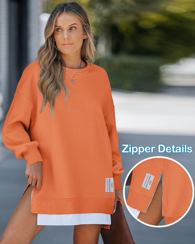 Letter Patch Detail Long Sleeve Drop Shoulder Pullover Sweatshirt Casual Zipper Side Slit Top