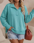 Half Snap Button Front Drop Shoulder Batwing Sleeve Sweatshirt Loose Fit Side Slit High-Low Hem Casual Top