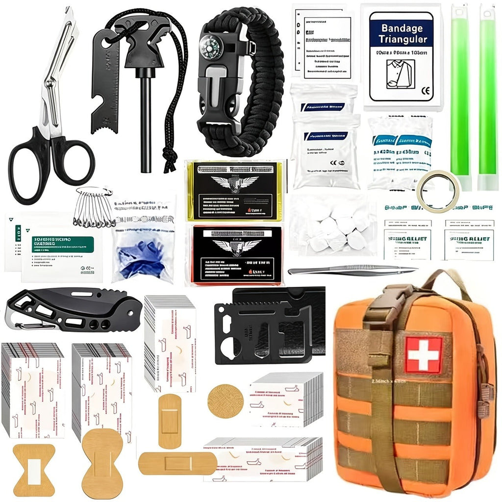 217-Piece Outdoor Tool and First Aid Supply Kit with MOLLE Bag in Nine Color-Labeled Options