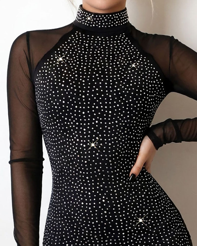 Women's Rhinestone Mock Neck Mesh Long Sleeve Bodycon Dress Party Mini Dress