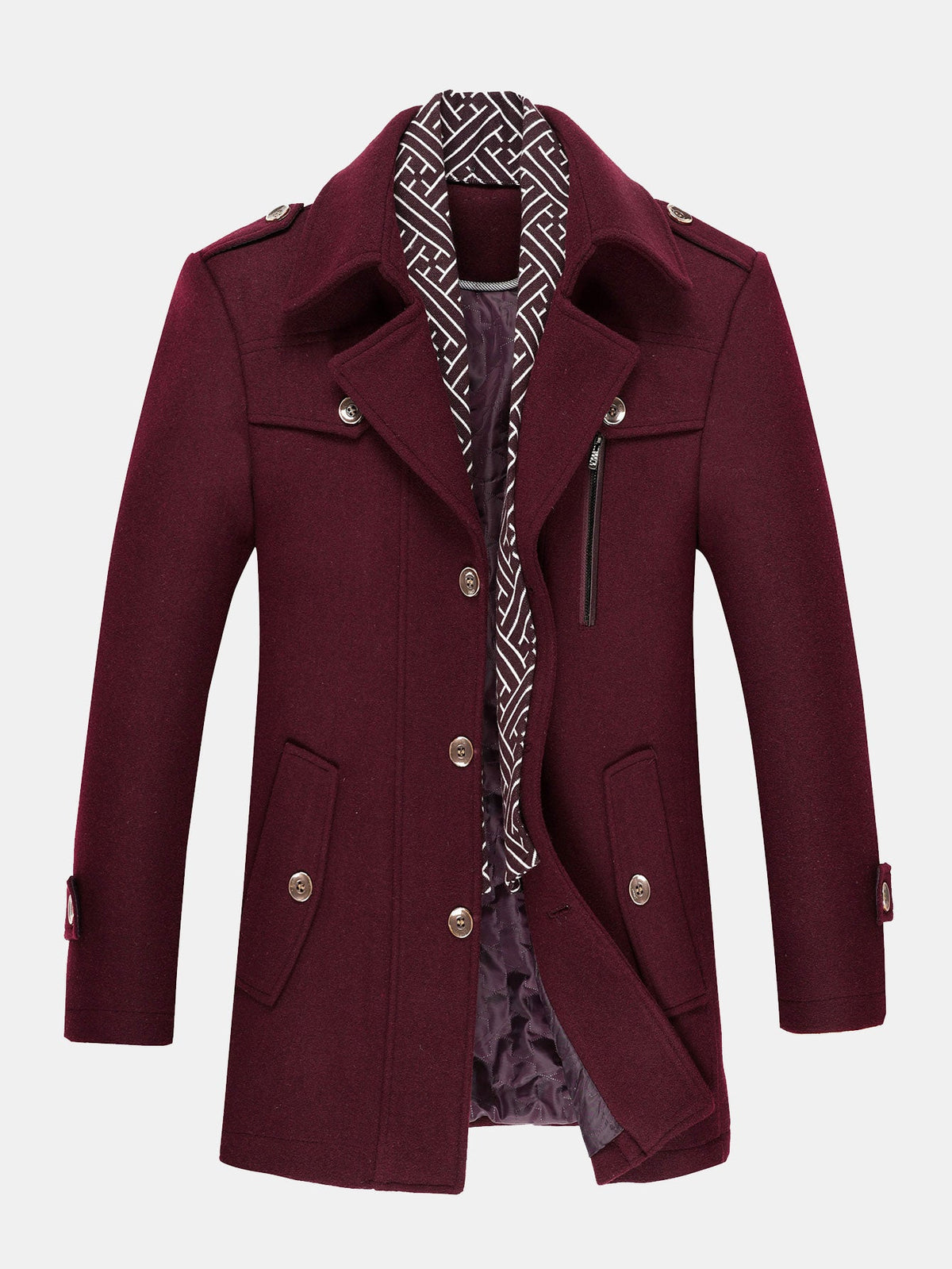 Quilted Lined Double Layer Detachable Scarf Neck Woolen Coat