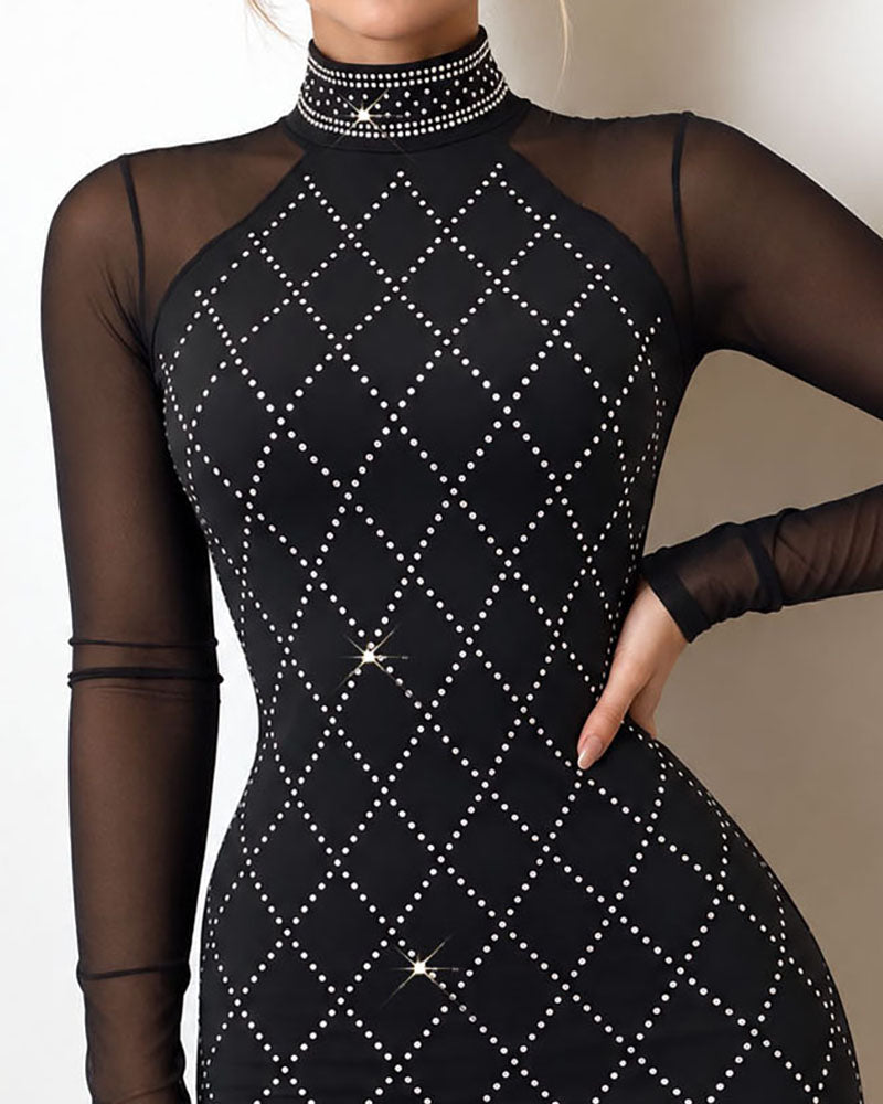Women's Rhinestone Argyle Mock Neck Bodycon Dress Sheer Mesh Patchwork Long Sleeve Mini Party Dress
