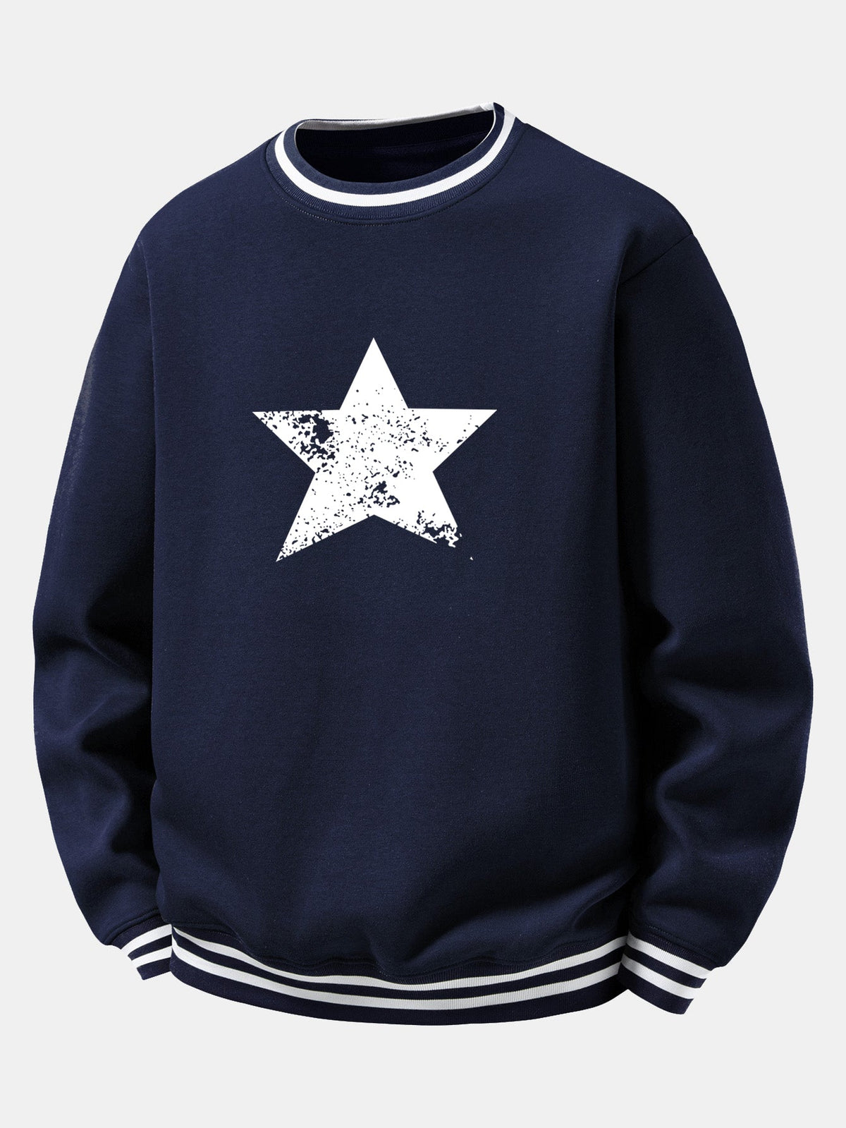 Star Print Striped Ribbed Trim Crew Neck Sweatshirt