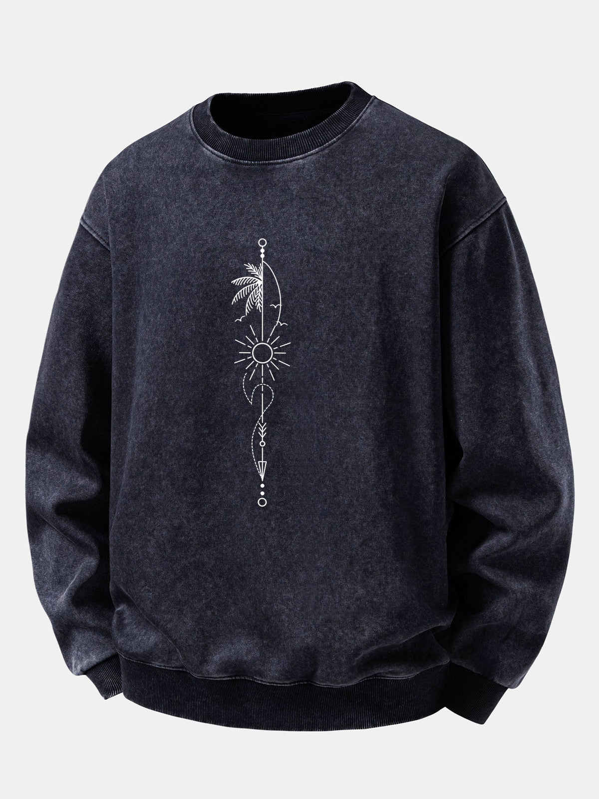 Relaxed Fit Sun Palm Tree Arrow Print Washed Distressed Sweatshirt