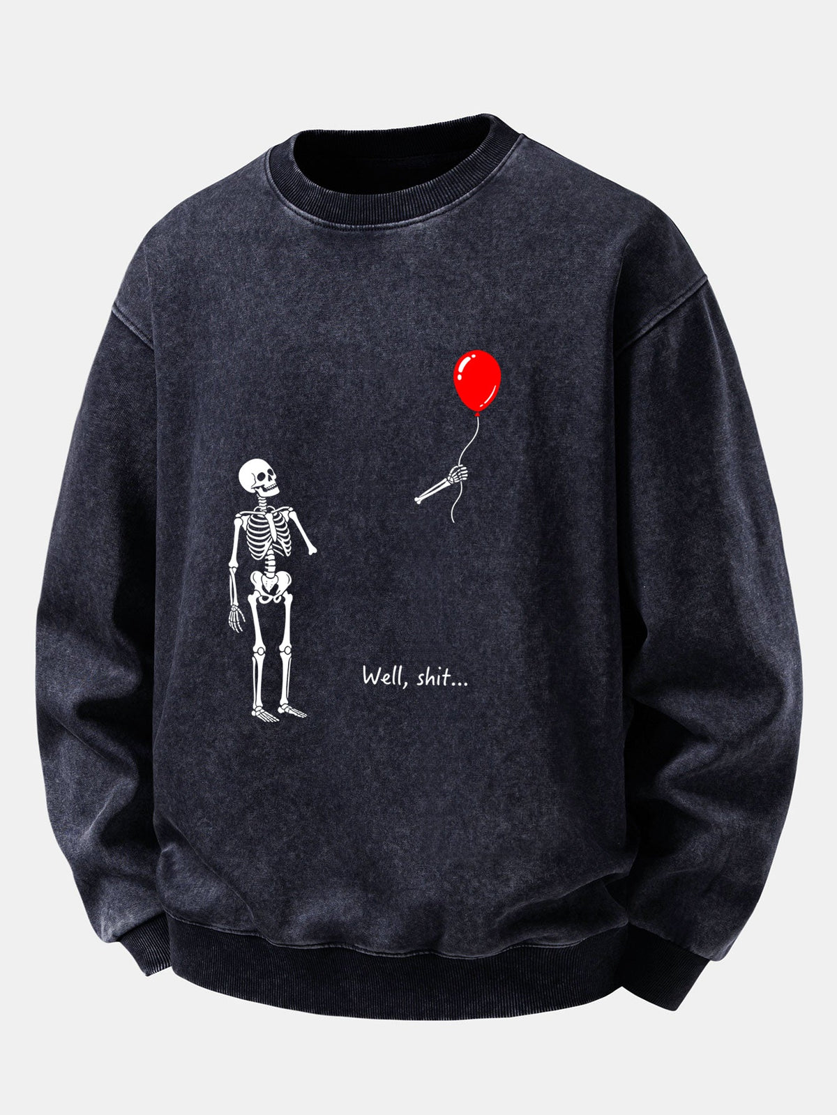 Relaxed Fit Funny Skeleton Balloon Print Washed Distressed Sweatshirt