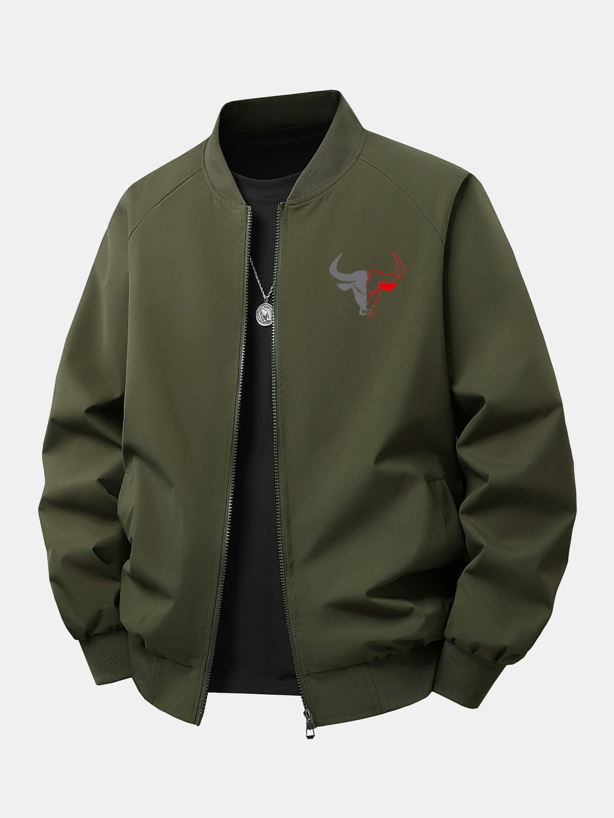 Relax Fit Bull Print Zip-Up Bomber Jacket