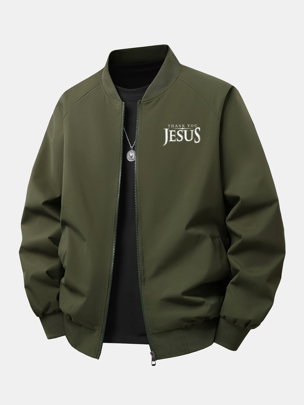 Relax Fit Jesus Print Zip-Up Bomber Jacket