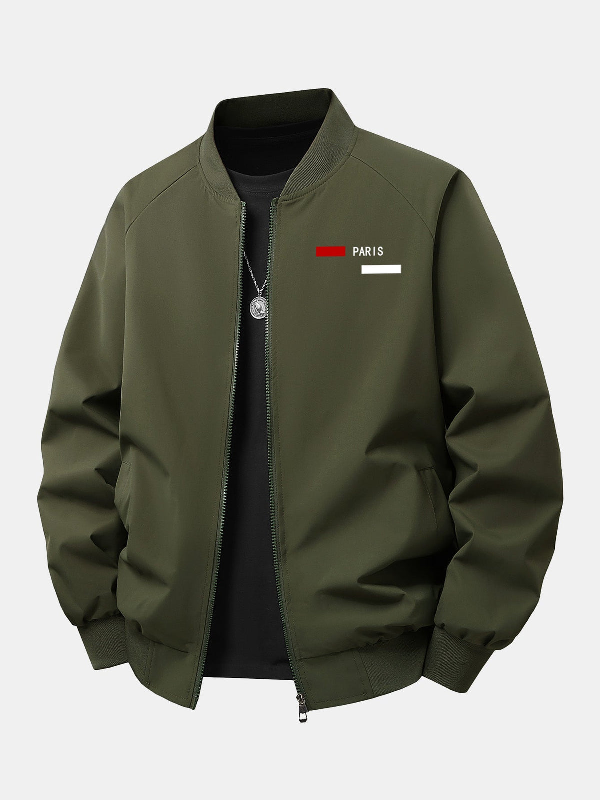 Relax Fit Paris Stripe Print Zip-Up Bomber Jacket