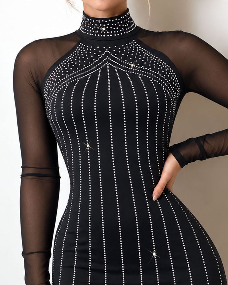 Women's Rhinestone Mock Neck Sheer Mesh Long Sleeve Bodycon Dress Mini Party Dress