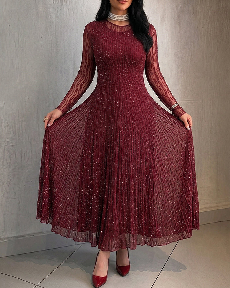Women's Rhinestone Lace Long Sleeve Maxi Dress Crew Neck Textured A-Line Evening Gown