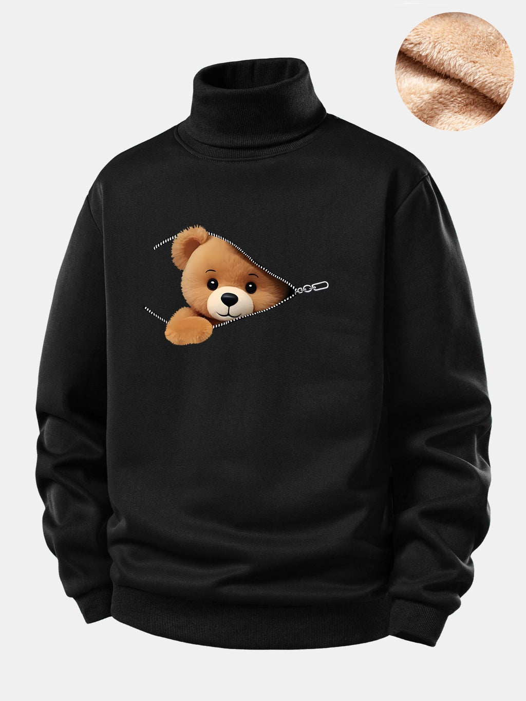 Zipper Bear Print Teddy Fleece Lined Turtle Neck Sweatshirt
